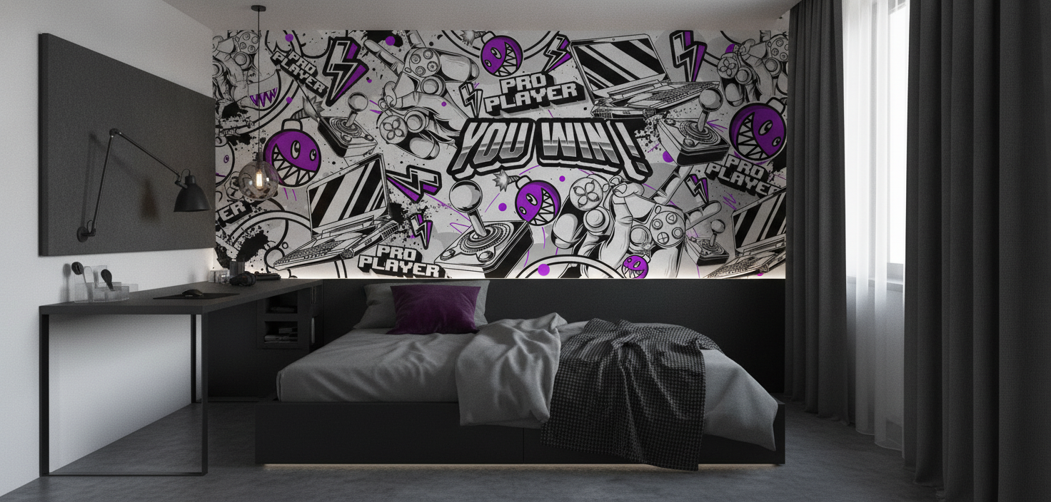 Papier Peint Gaming Pro Player Noir Blanc Violet - Chambre ado