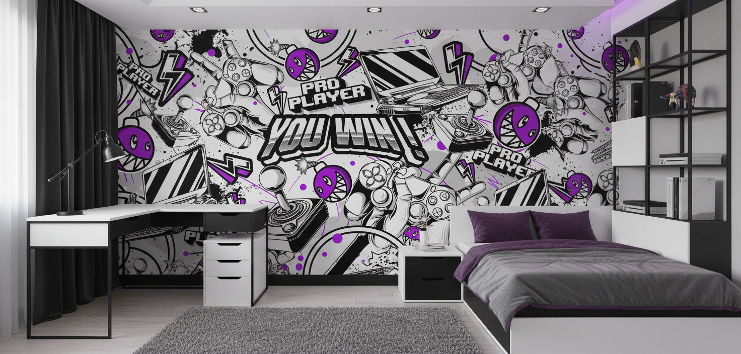 Papier Peint Gaming Pro Player Noir Blanc Violet - Chambre enfant