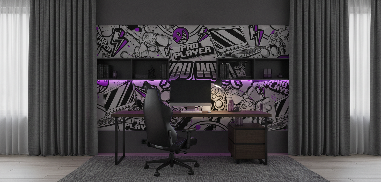 Papier Peint Gaming Pro Player Style Graffiti Violet et Noir - Bureau