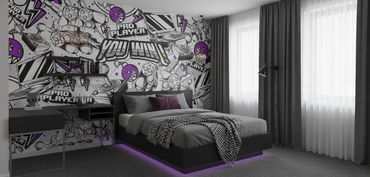 Papier Peint Gaming Pro Player Style Graffiti Violet et Noir - Chambre ado