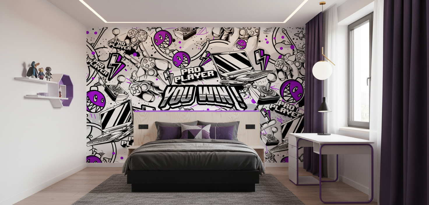 Papier Peint Gaming Pro Player Style Graffiti Violet et Noir - Chambre enfant