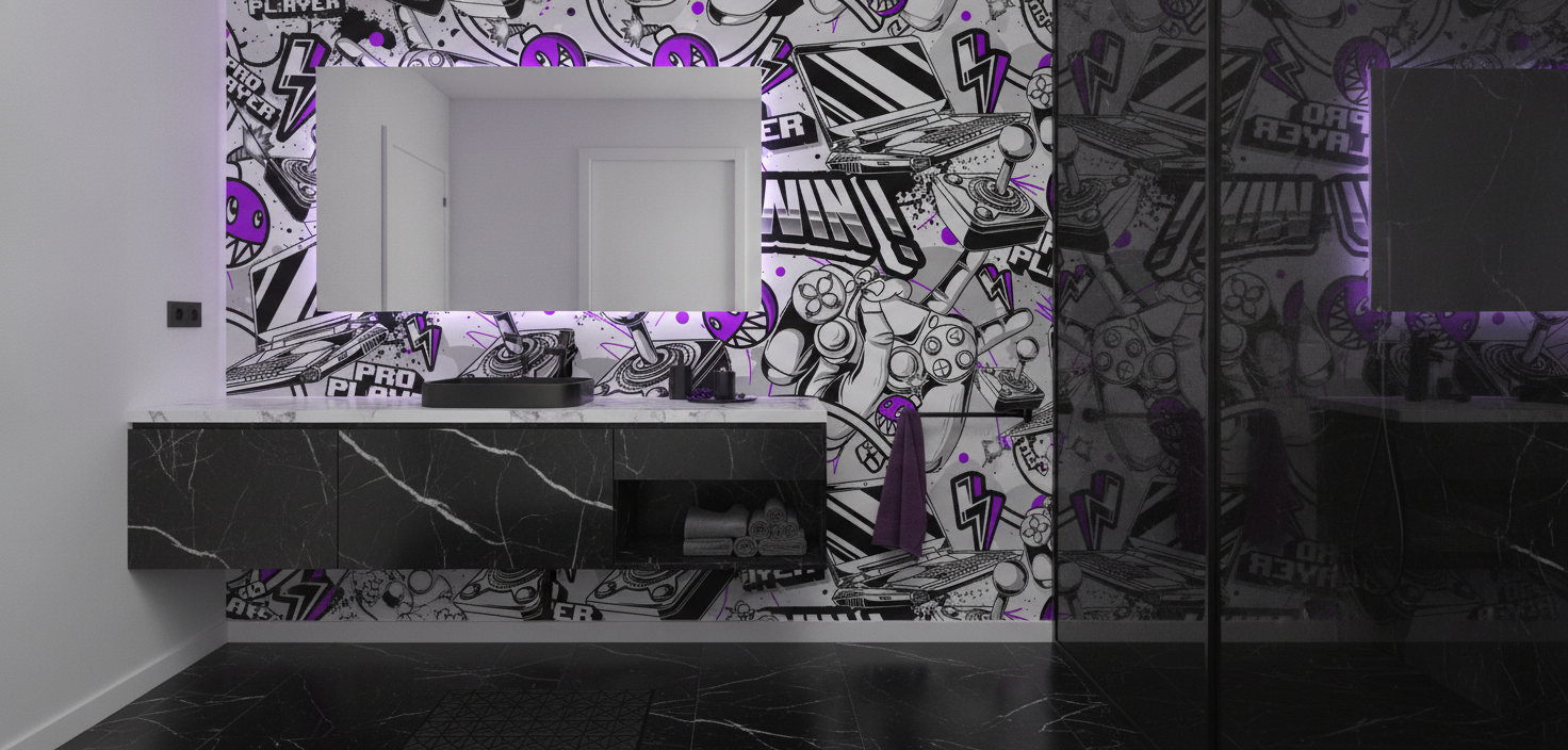 Papier Peint Gaming Pro Player Style Graffiti Violet et Noir - Salle de bain