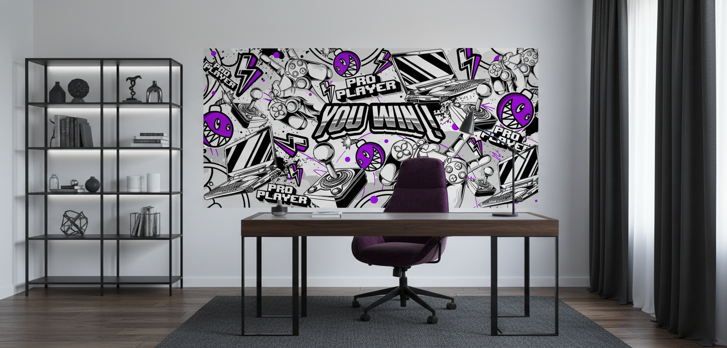 Papier peint gaming rétro noir blanc violet motifs jeux vidéo - Bureau