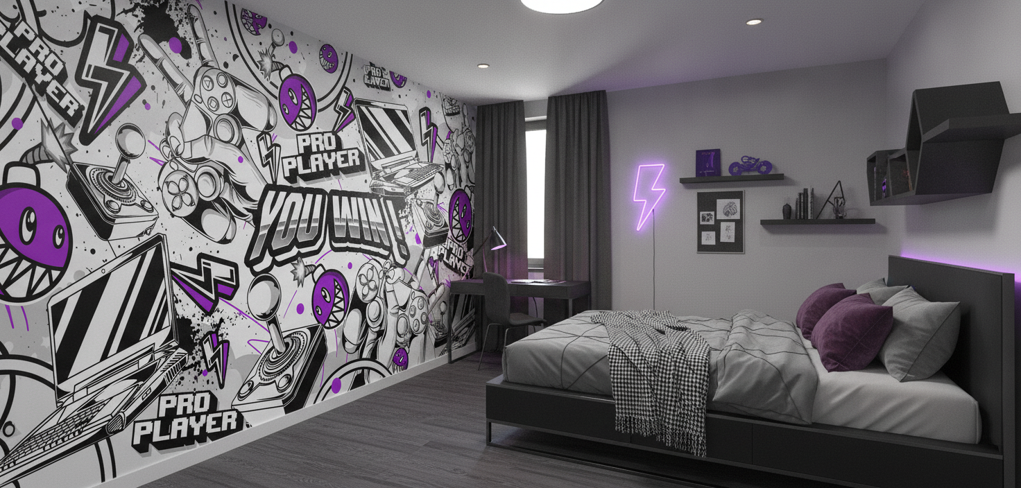 Papier peint gaming rétro noir blanc violet motifs jeux vidéo - Chambre ado