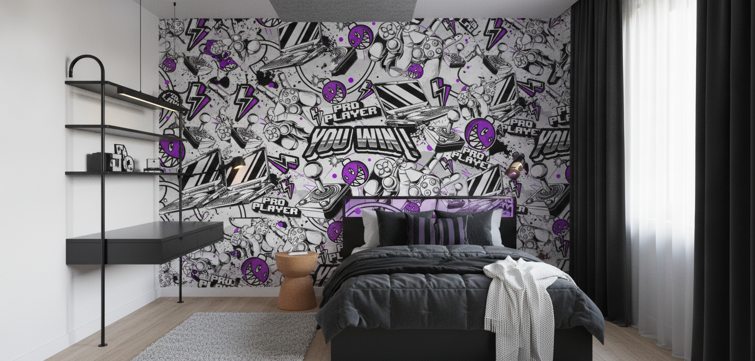 Papier peint gaming rétro noir blanc violet motifs jeux vidéo - Chambre enfant