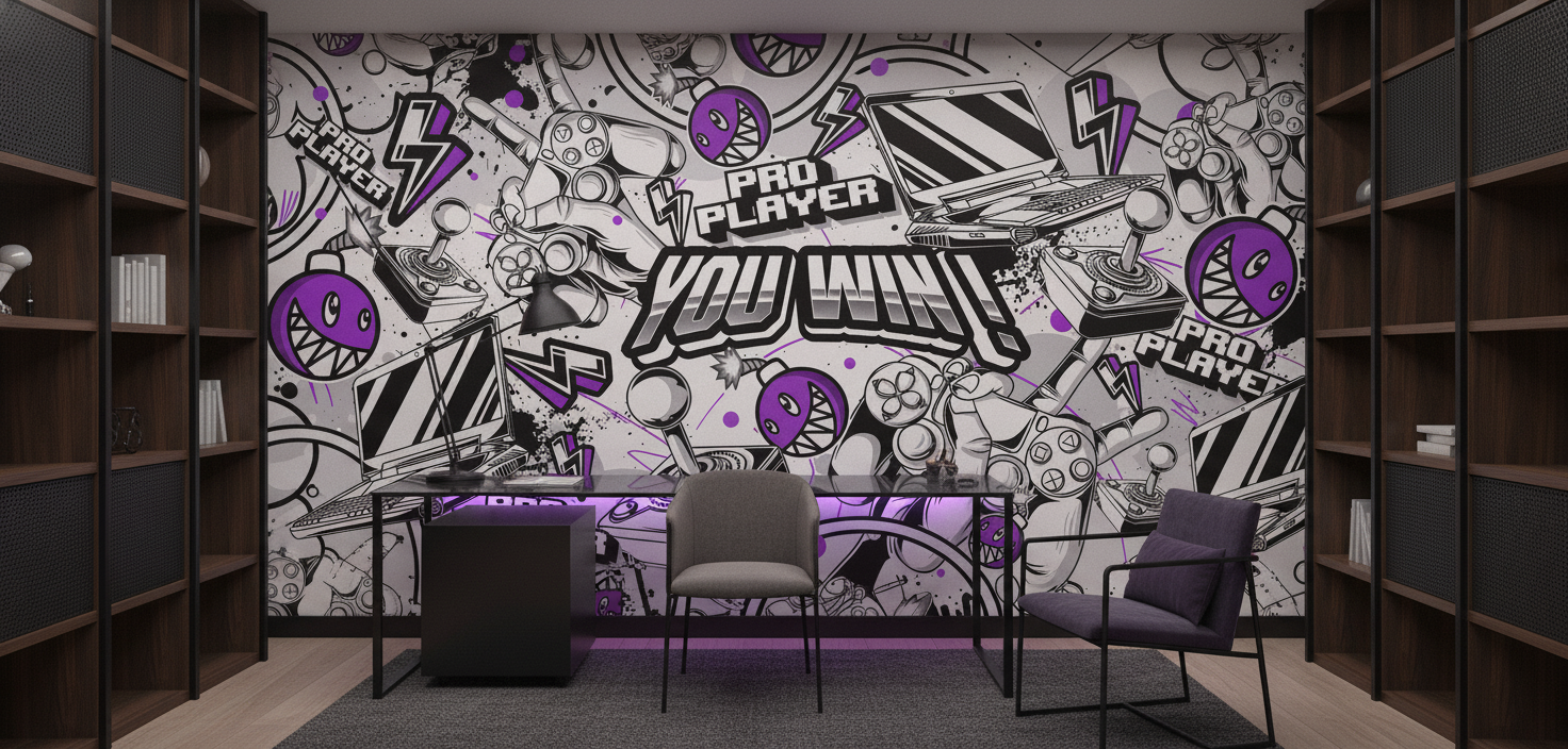 Papier Peint Gaming Rétro Noir Blanc Violet Pro Player - Bureau
