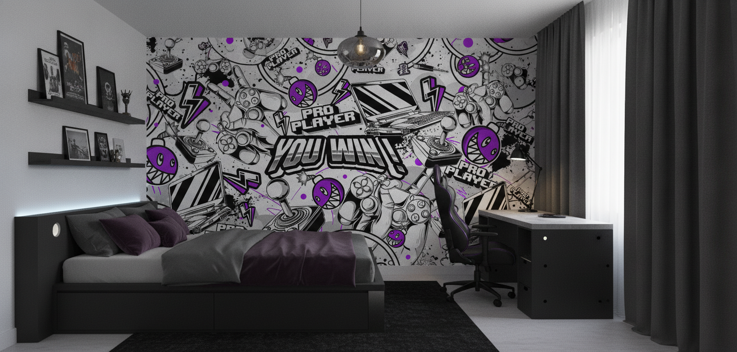 Papier Peint Gaming Rétro Noir Blanc Violet Pro Player - Chambre ado