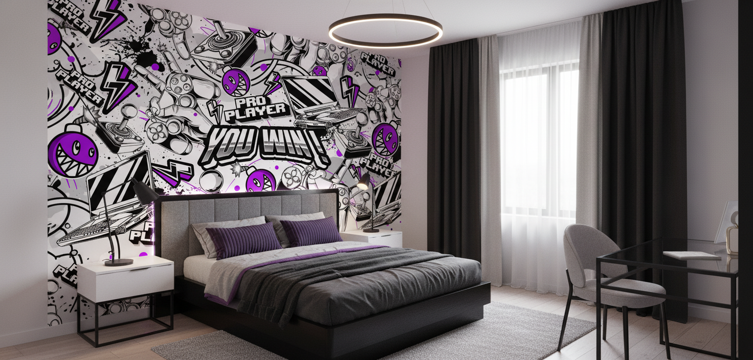 Papier Peint Gaming Rétro Noir Blanc Violet Pro Player - Chambre enfant