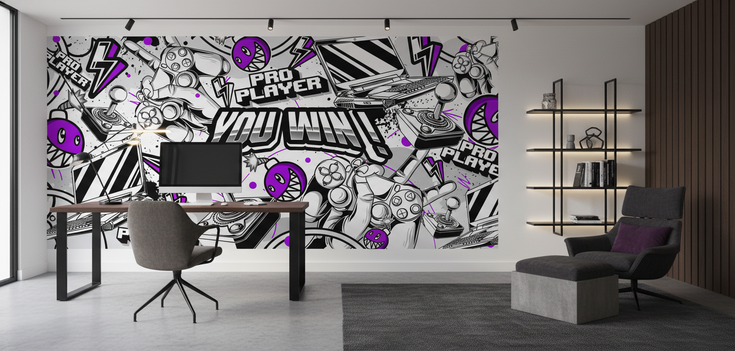Papier Peint Gaming Rétro Pro Player Noir Blanc Violet - Bureau