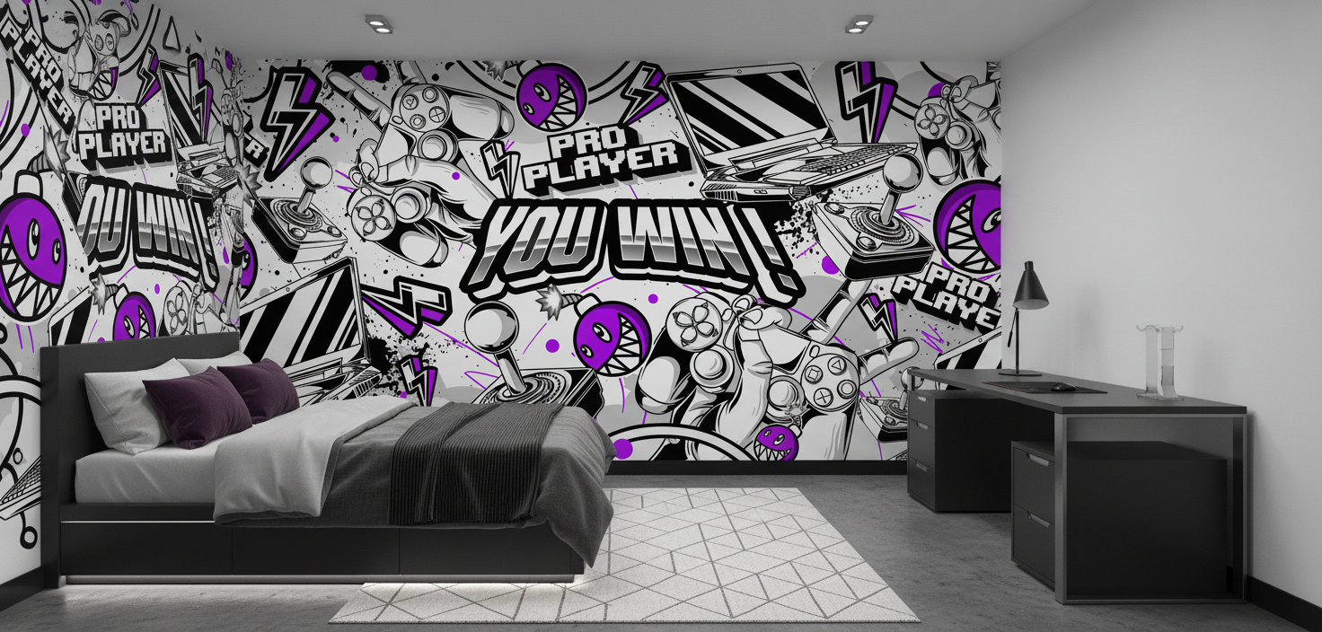 Papier Peint Gaming Rétro Pro Player Noir Blanc Violet - Chambre ado