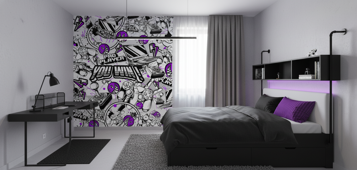 Papier Peint Gaming Rétro Pro Player Noir Blanc Violet - Chambre enfant
