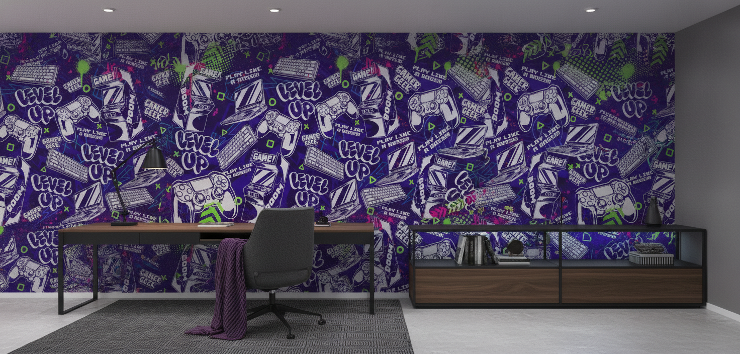 Papier Peint Gaming Rétro Violet Néon Geek Culture Univers Jeux Vidéo - Bureau
