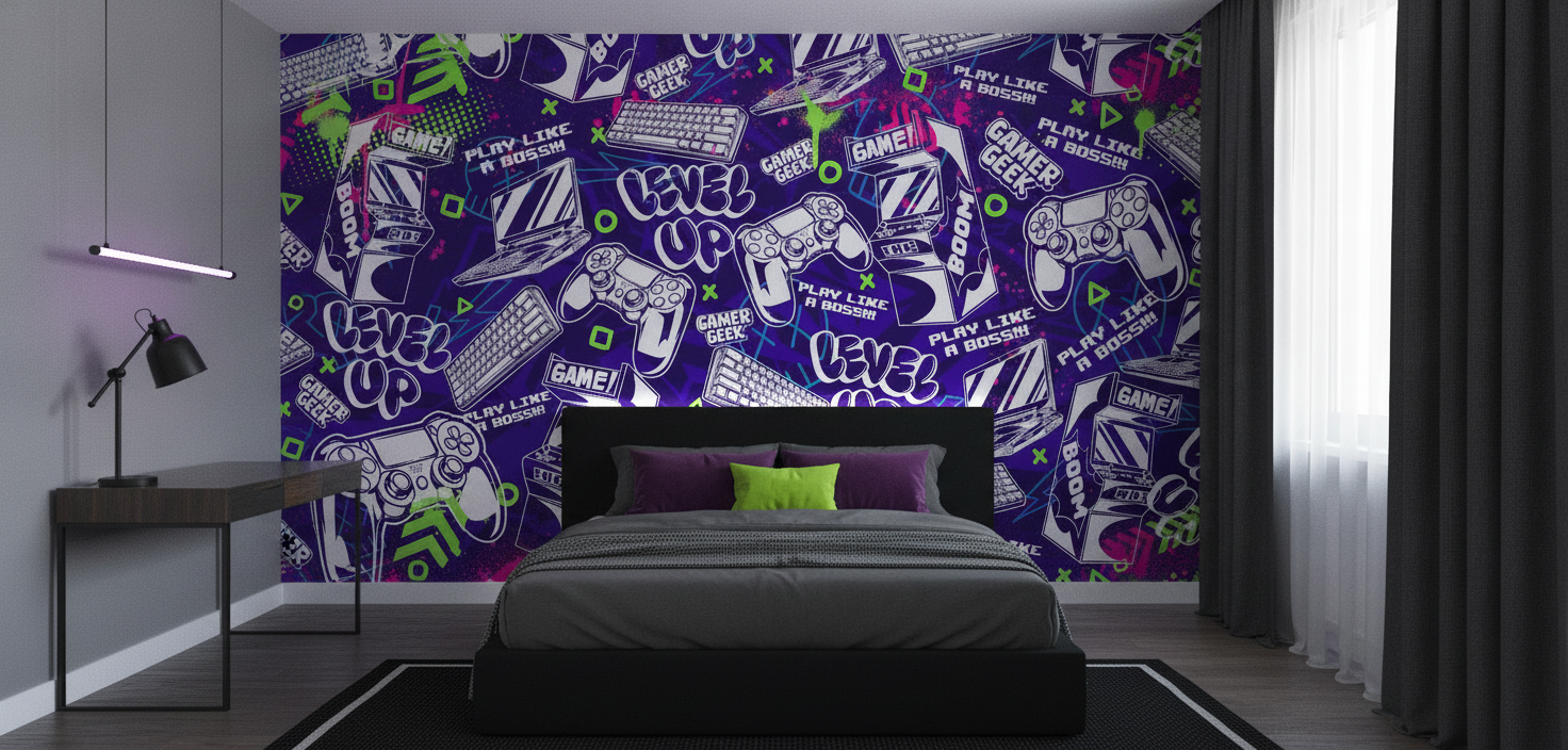 Papier Peint Gaming Rétro Violet Néon Geek Culture Univers Jeux Vidéo - Chambre ado