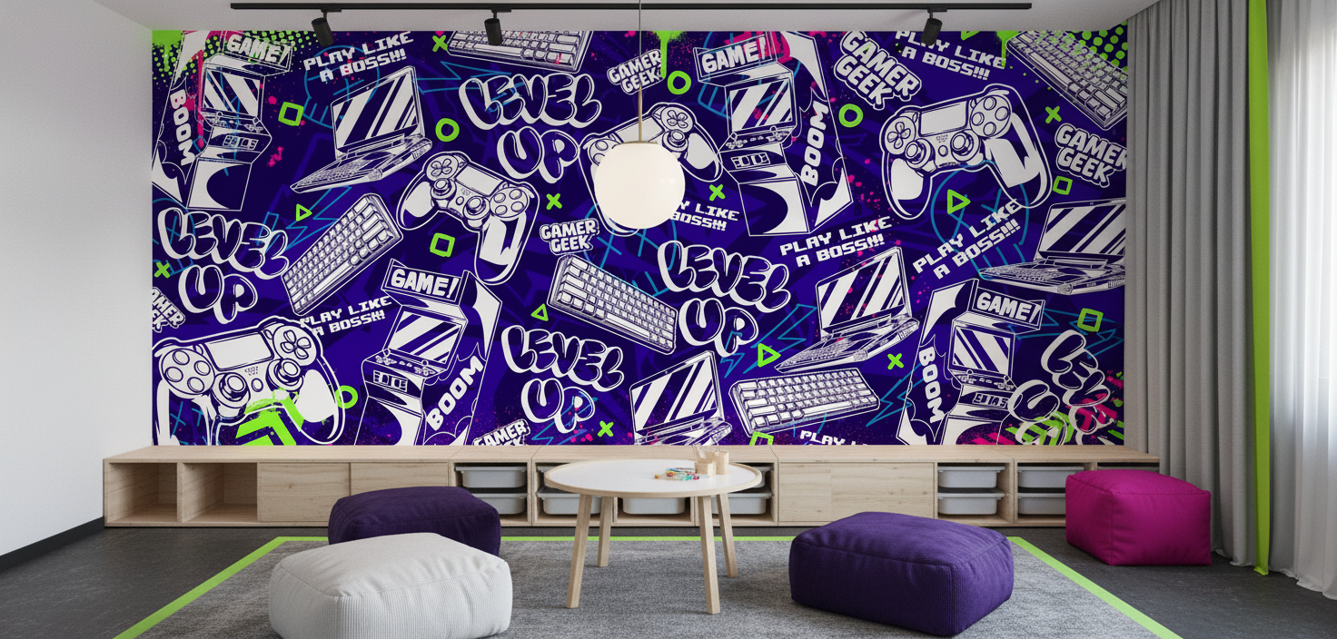 Papier Peint Gaming Rétro Violet Néon Geek Culture Univers Jeux Vidéo - Espace enfant (pro)