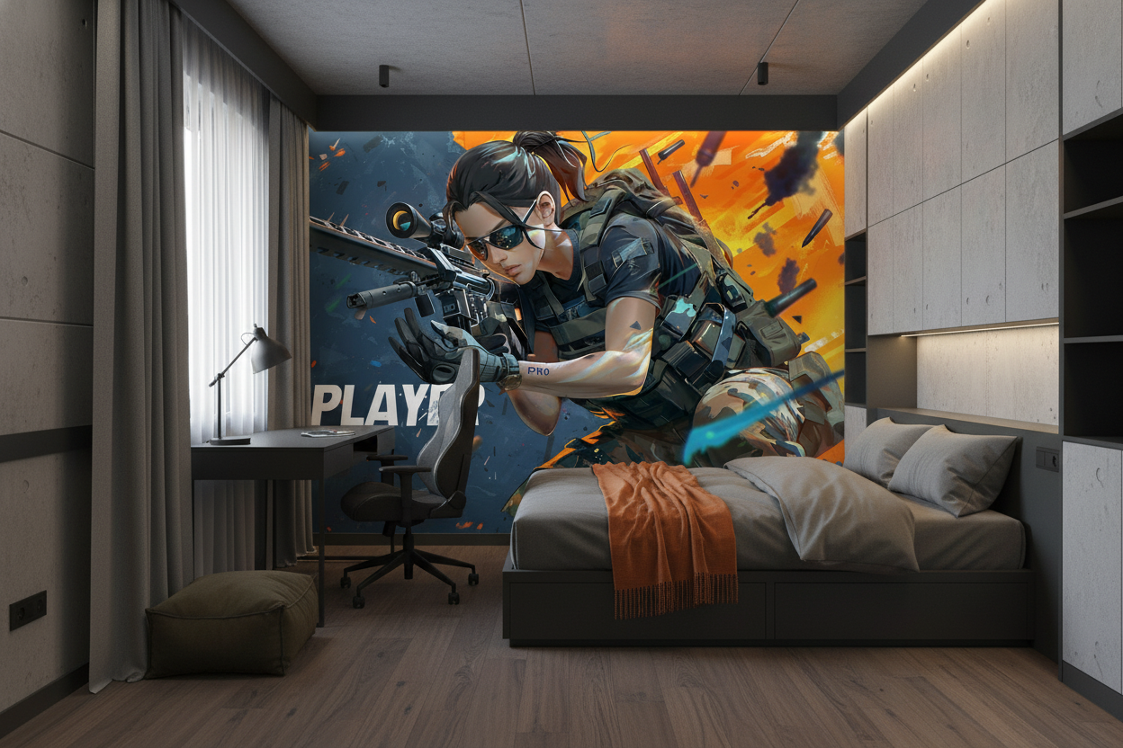 Papier Peint Gaming Sniper Femme Action Militaire Futuriste - Chambre ado