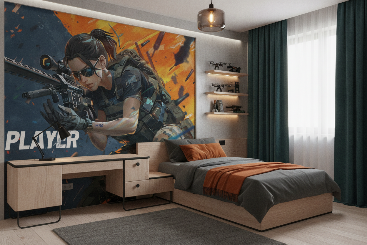 Papier Peint Gaming Sniper Femme Action Militaire Futuriste - Chambre enfant