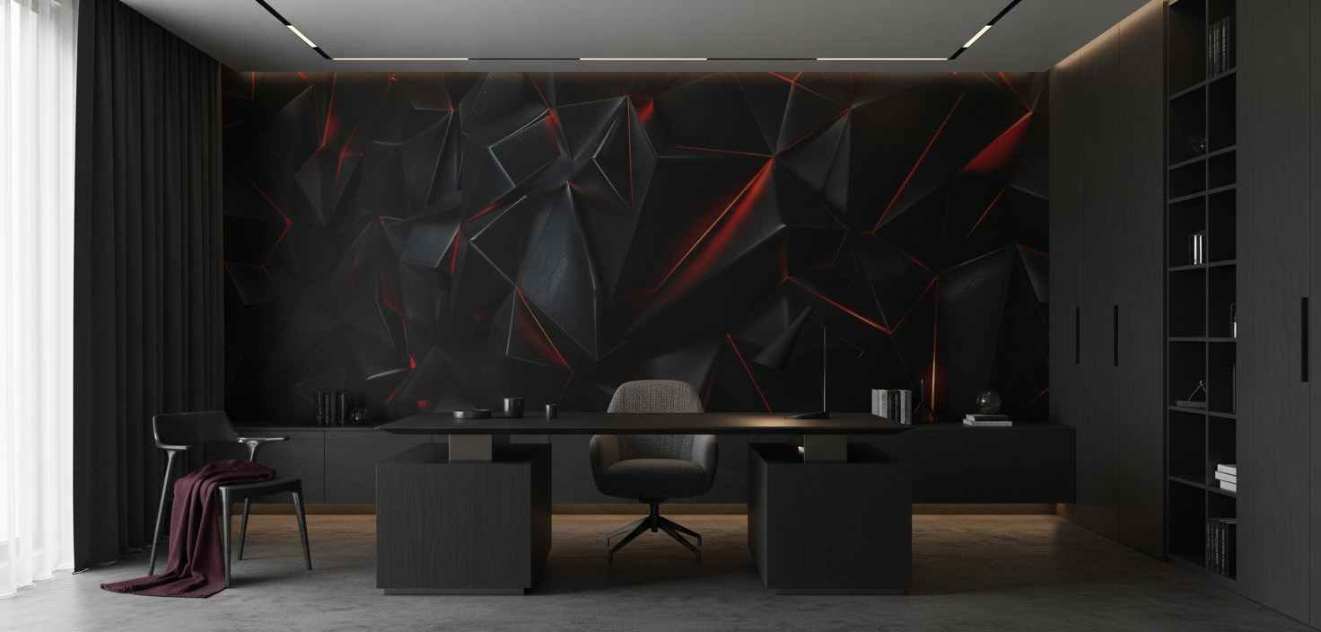 Papier Peint Géométrique 3D Noir et Rouge Effet Cristal Facetté — Bureau