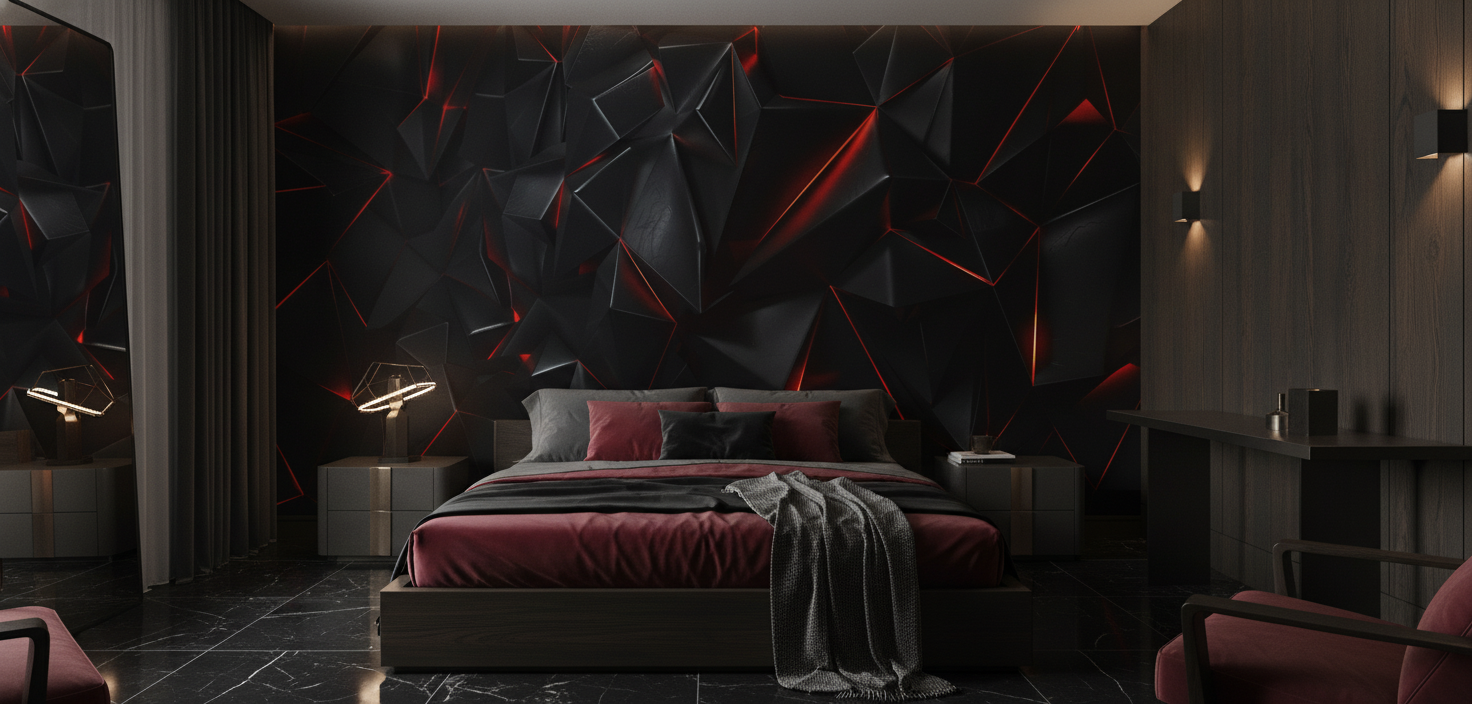 Papier Peint Géométrique 3D Noir Rouge Effet Cristal - Chambre adulte