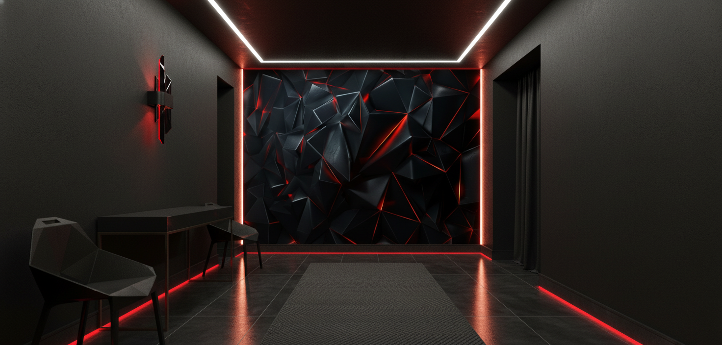Papier Peint Géométrique 3D Noir Rouge Effet Cristal - Couloir