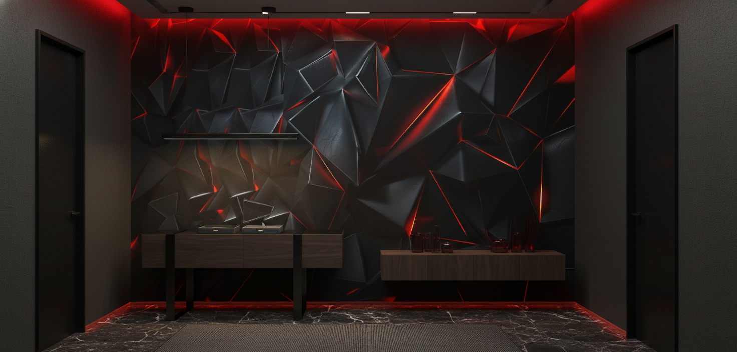 Papier Peint Géométrique 3D Noir Rouge Effet Cristal - Entrée