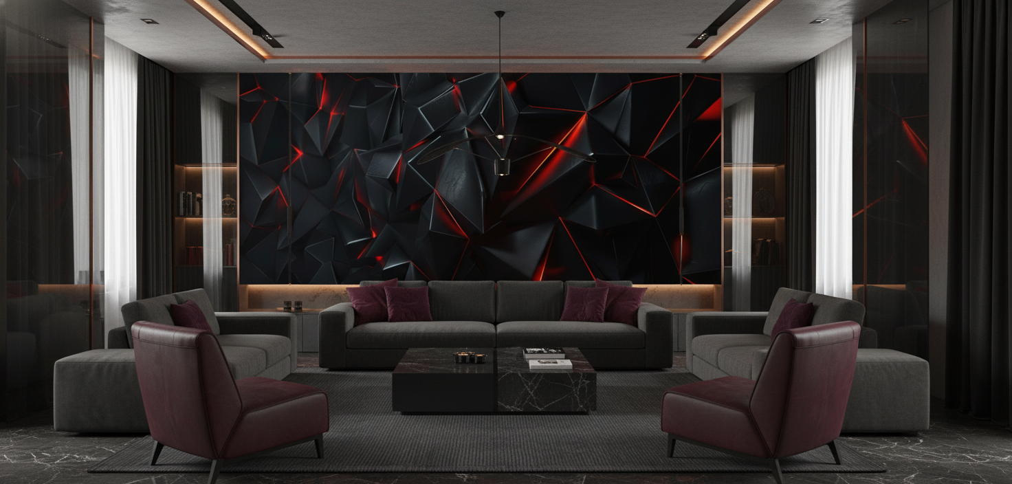 Papier Peint Géométrique 3D Noir Rouge Effet Cristal - Salon / Séjour