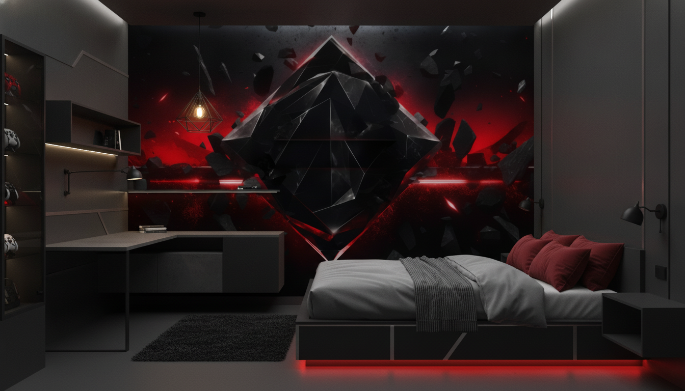 Papier Peint Géométrique Futuriste Cristal Noir et Rouge Lumineux - Chambre ado