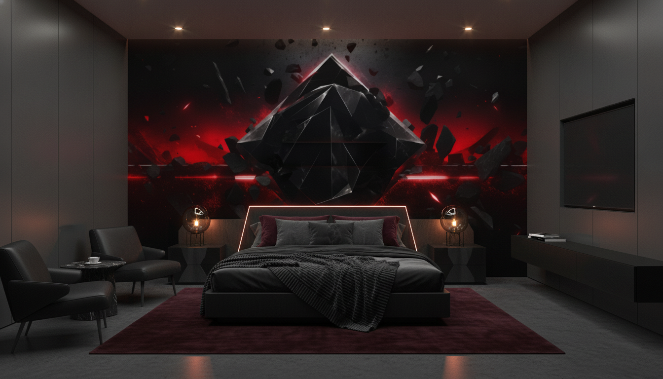 Papier Peint Géométrique Futuriste Cristal Noir et Rouge Lumineux - Chambre adulte