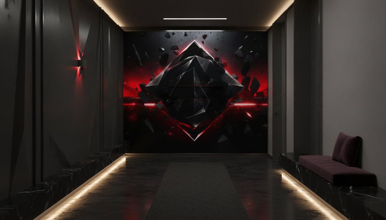 Papier Peint Géométrique Futuriste Cristal Noir et Rouge Lumineux - Couloir