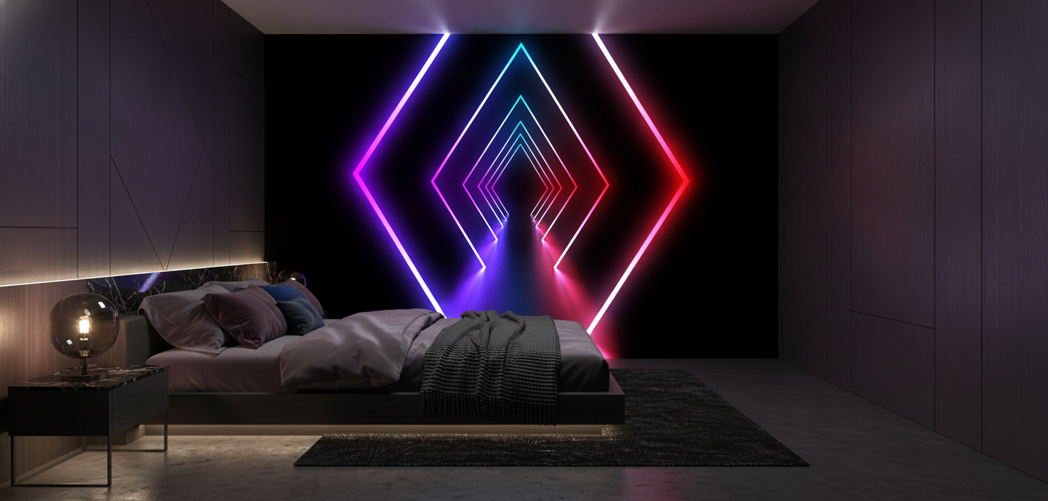 Papier Peint Géométrique Néon Diamants Lumineux Effet Tunnel - Chambre adulte