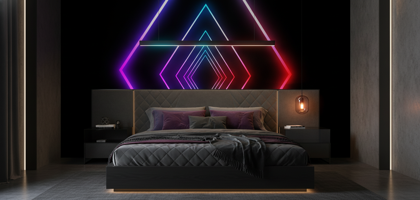 Papier Peint Géométrique Néon Formes Diamants Lumineux Effet Tunnel - Chambre adulte