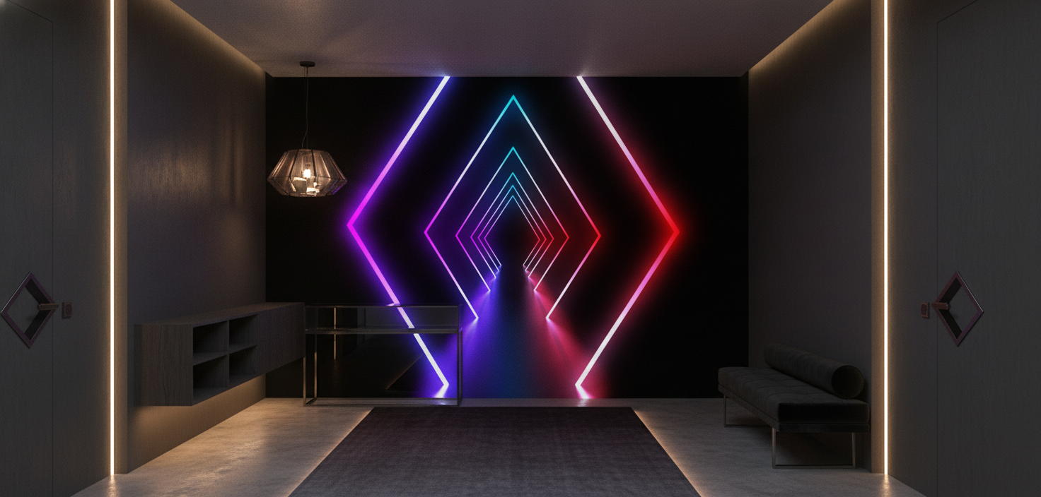 Papier Peint Géométrique Néon Formes Diamants Lumineux Effet Tunnel - Entrée