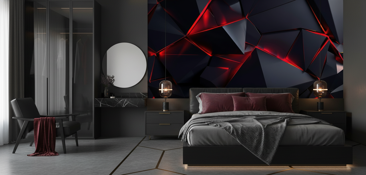 Papier peint géométrique noir et rouge effet cristal moderne - Chambre adulte