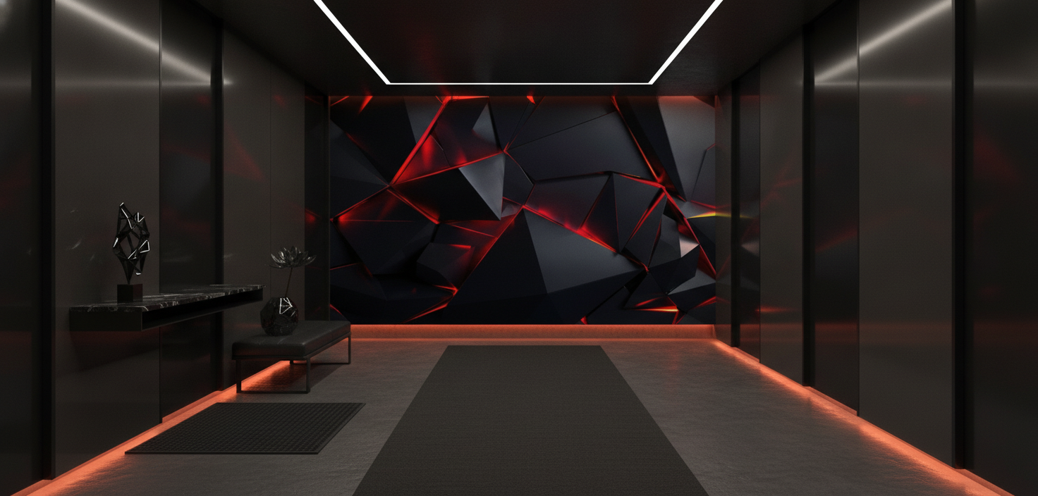 Papier peint géométrique noir et rouge effet cristal moderne - Couloir