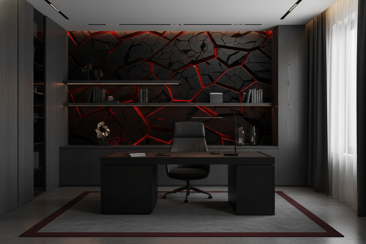 Papier Peint Géométrique Polygonal Rouge Lumineux sur Fond Noir Craquelé - Bureau