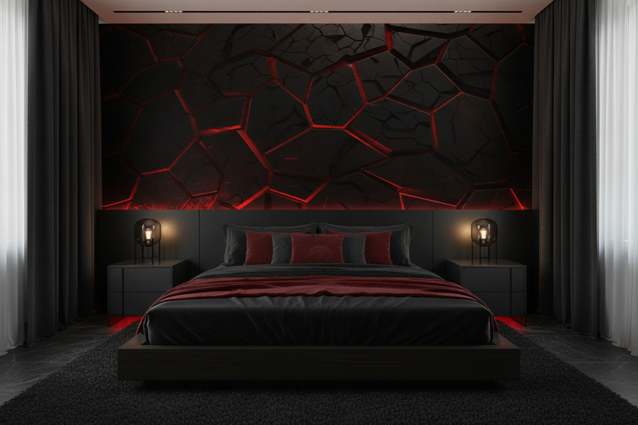 Papier Peint Géométrique Polygonal Rouge Lumineux sur Fond Noir Craquelé - Chambre adulte