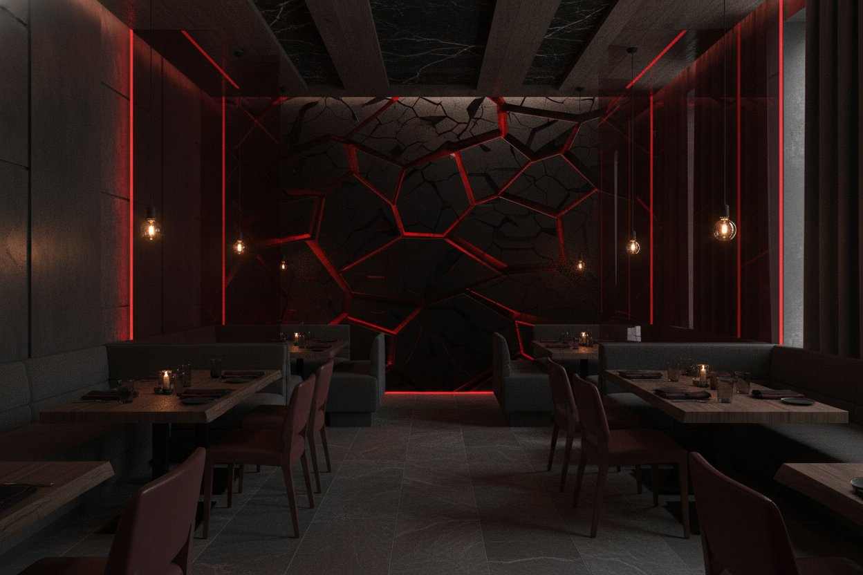 Papier Peint Géométrique Polygonal Rouge Lumineux sur Fond Noir Craquelé - Restaurant
