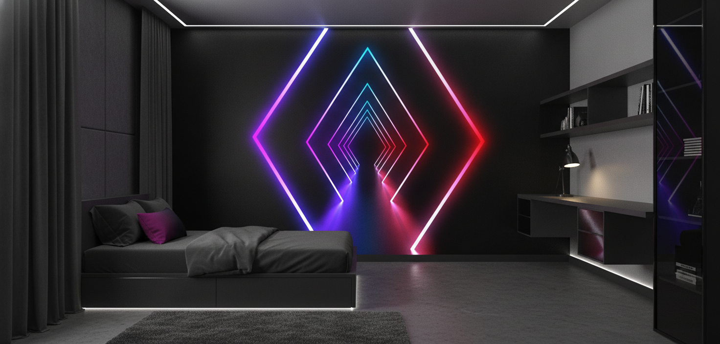Papier Peint Géométrique Tunnel Diamants Néon Futuriste Multicolore - Chambre ado