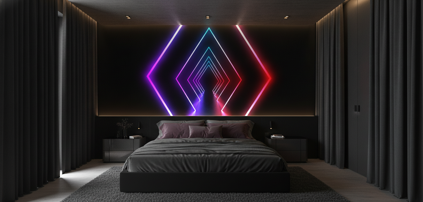 Papier Peint Géométrique Tunnel Diamants Néon Futuriste Multicolore - Chambre adulte