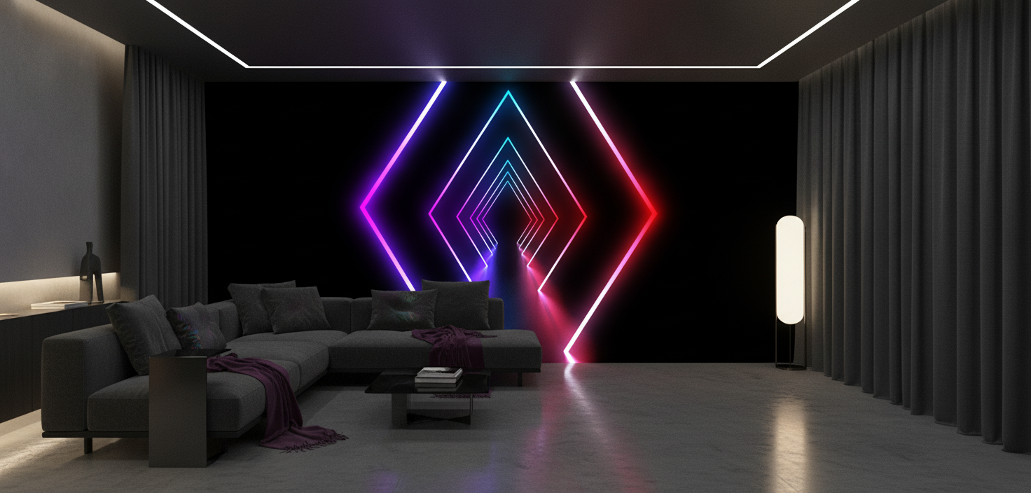 Papier Peint Géométrique Tunnel Diamants Néon Futuriste Multicolore - Salon / Séjour