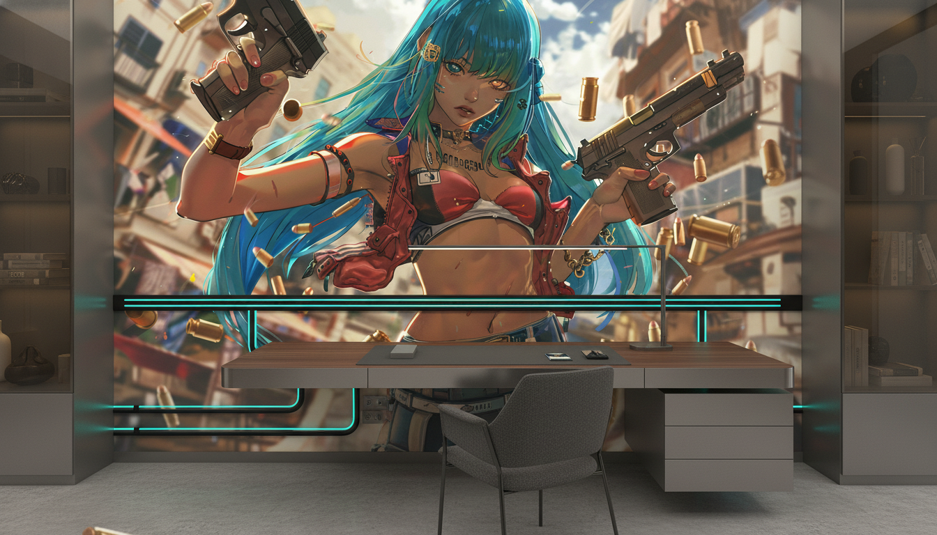 Papier Peint Guerrière Cyberpunk Anime aux Cheveux Turquoise et Armes - Bureau