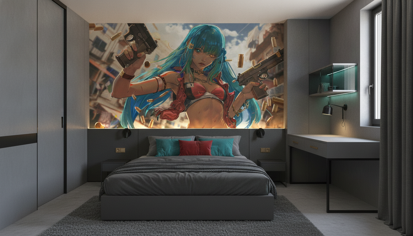 Papier Peint Guerrière Cyberpunk Anime aux Cheveux Turquoise et Armes - Chambre ado