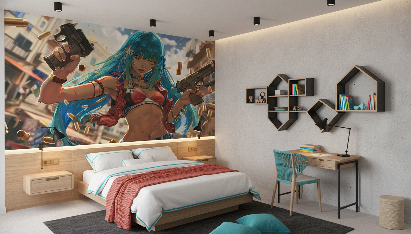 Papier Peint Guerrière Cyberpunk Anime aux Cheveux Turquoise et Armes - Chambre enfant