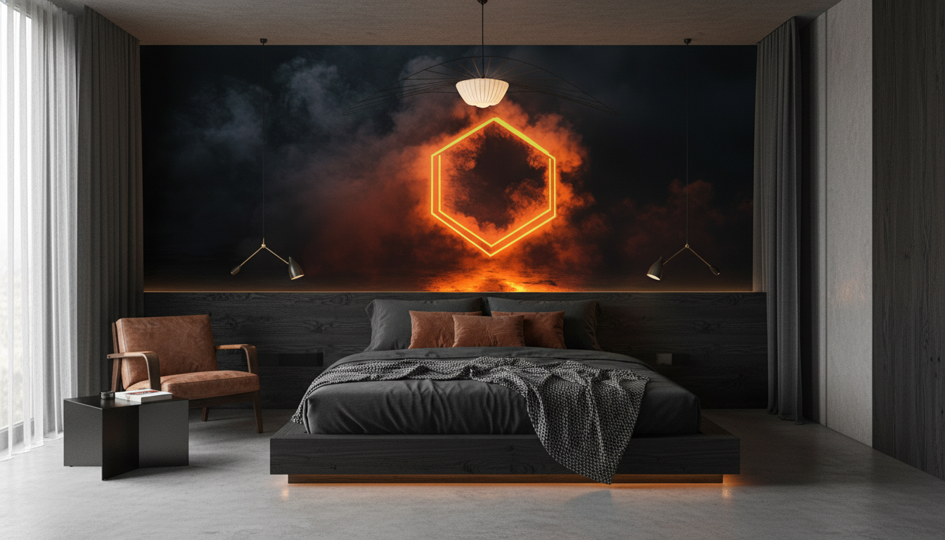 Papier Peint Hexagone Lumineux Orange sur Nuages Dramatiques Sombres - Chambre adulte