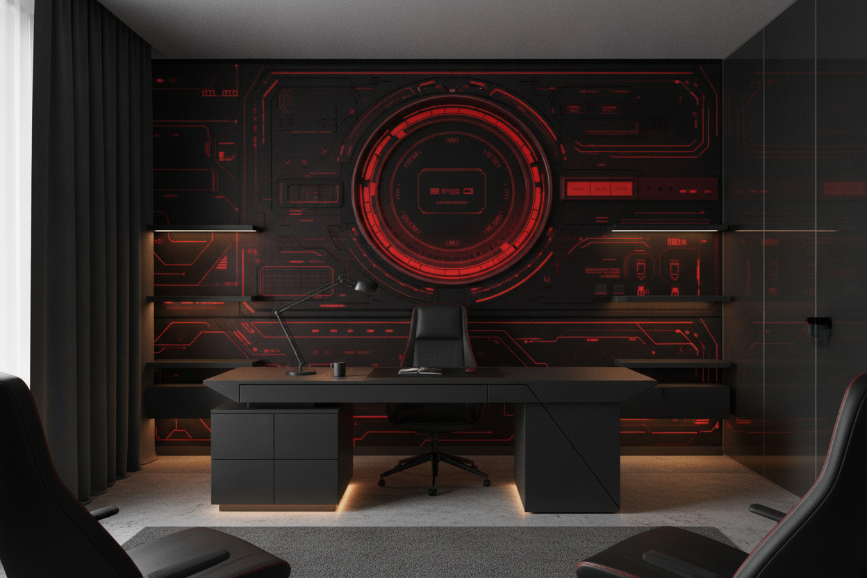Papier Peint Interface Futuriste Holographique Rouge Technologique Moderne - Bureau