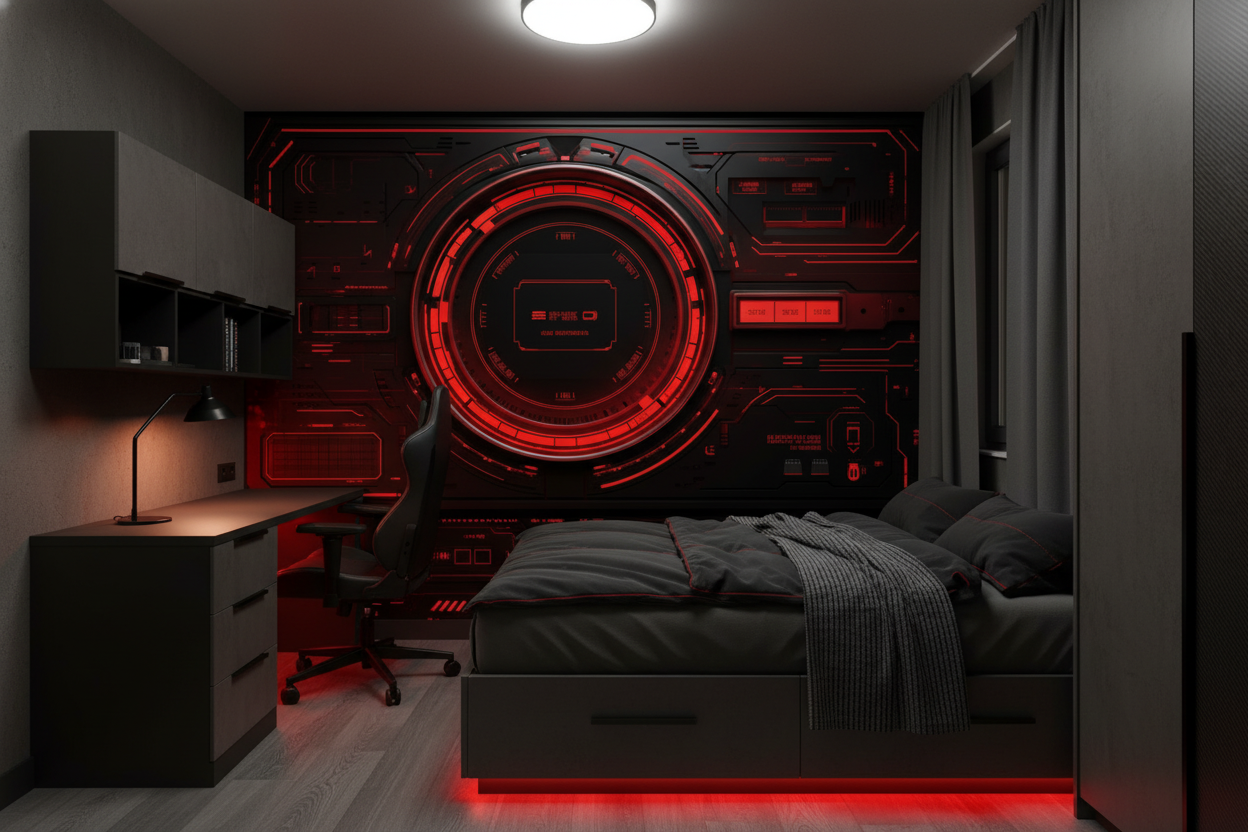Papier Peint Interface Futuriste Holographique Rouge Technologique Moderne - Chambre ado