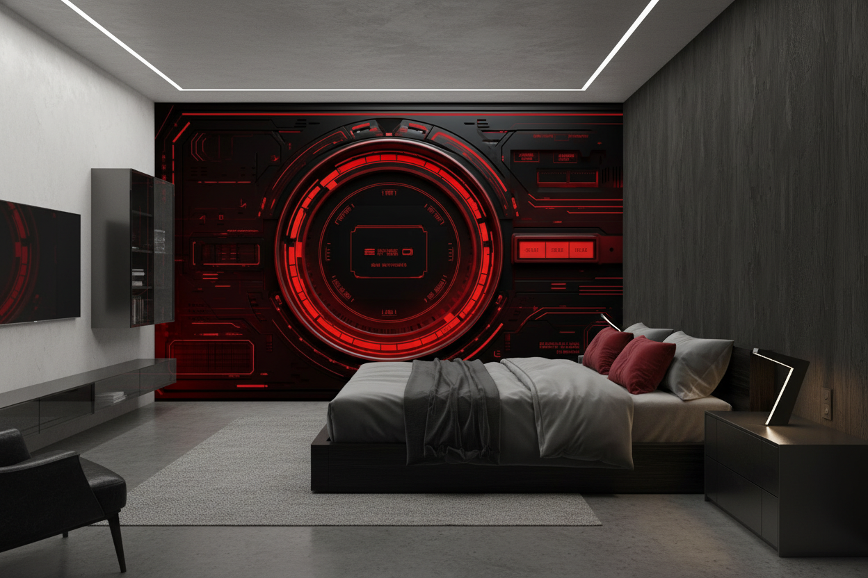 Papier Peint Interface Futuriste Holographique Rouge Technologique Moderne - Chambre adulte