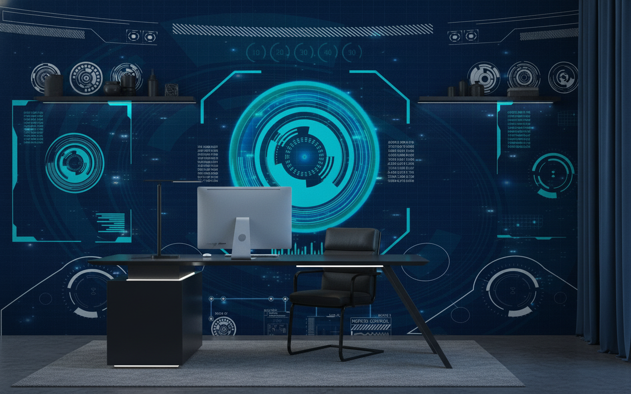 Papier Peint Interface Futuriste Holographique Technologique Bleu Cyan - Bureau