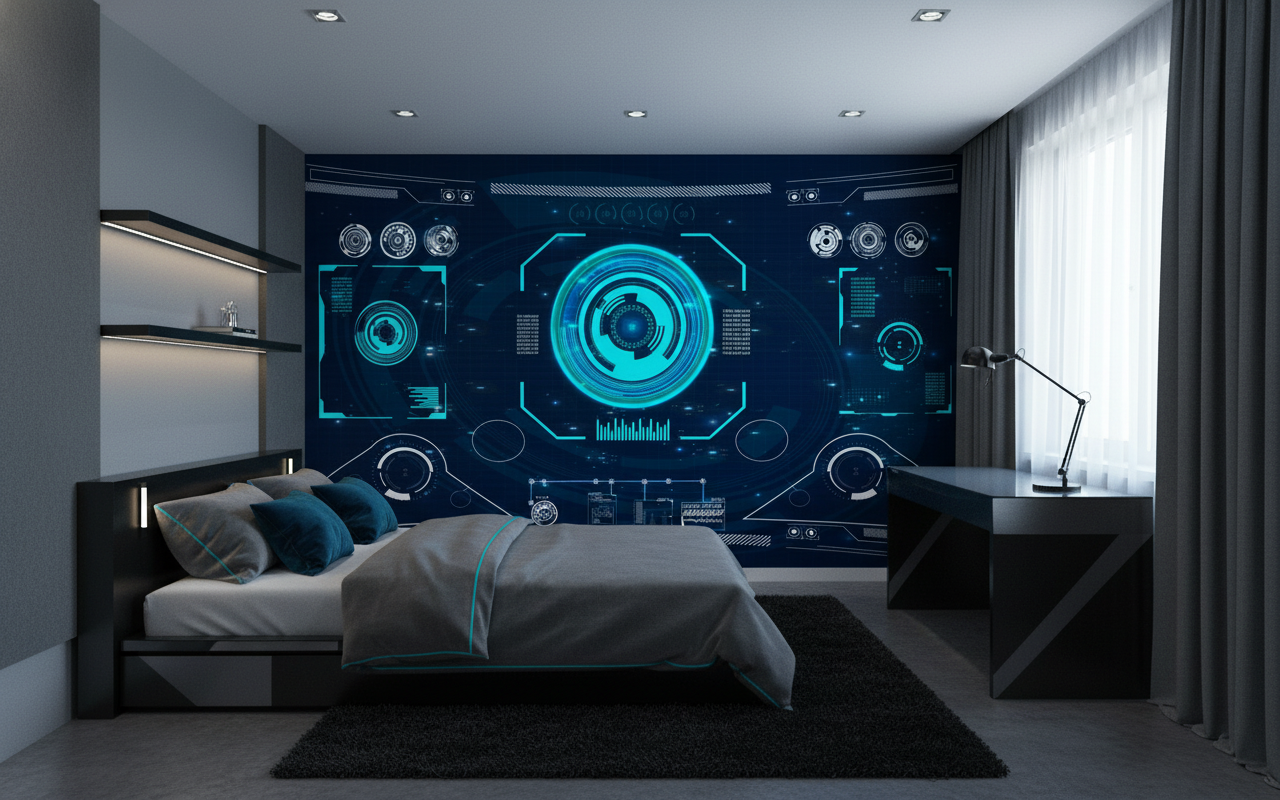Papier Peint Interface Futuriste Holographique Technologique Bleu Cyan - Chambre ado