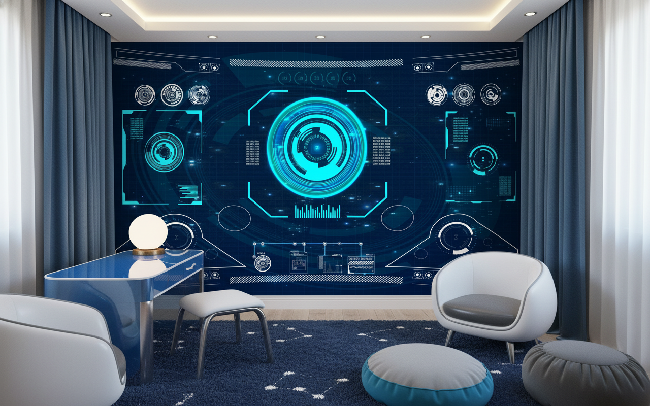 Papier Peint Interface Futuriste Holographique Technologique Bleu Cyan - Espace enfant (pro)