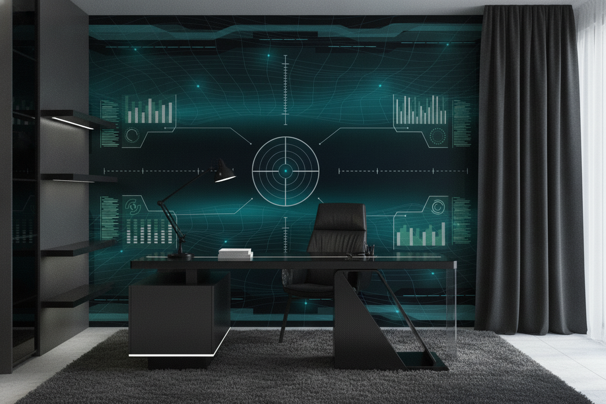 Papier peint interface technologique futuriste avec écrans holographiques turquoise - Bureau